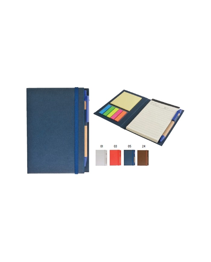 Block Notes in cartoncino con elastico colorato, penna, fogli a righe (70 pag.) e foglietti adesivi