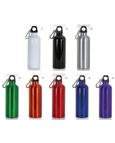 Borraccia in alluminio (500ml), con tappo in plastica e moschettone Ø6,5cmx21h