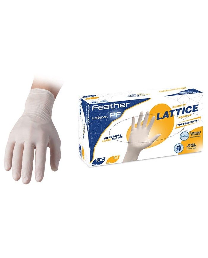 Guanti monouso lattice naturale senza polvere clorinato Feather Latexx 5,4gr 100pz