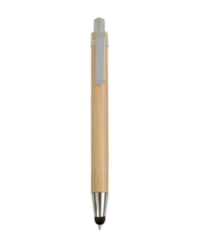 Penna a scatto in bambù con gommino per touch screen, clip in metallo e particolari cromati