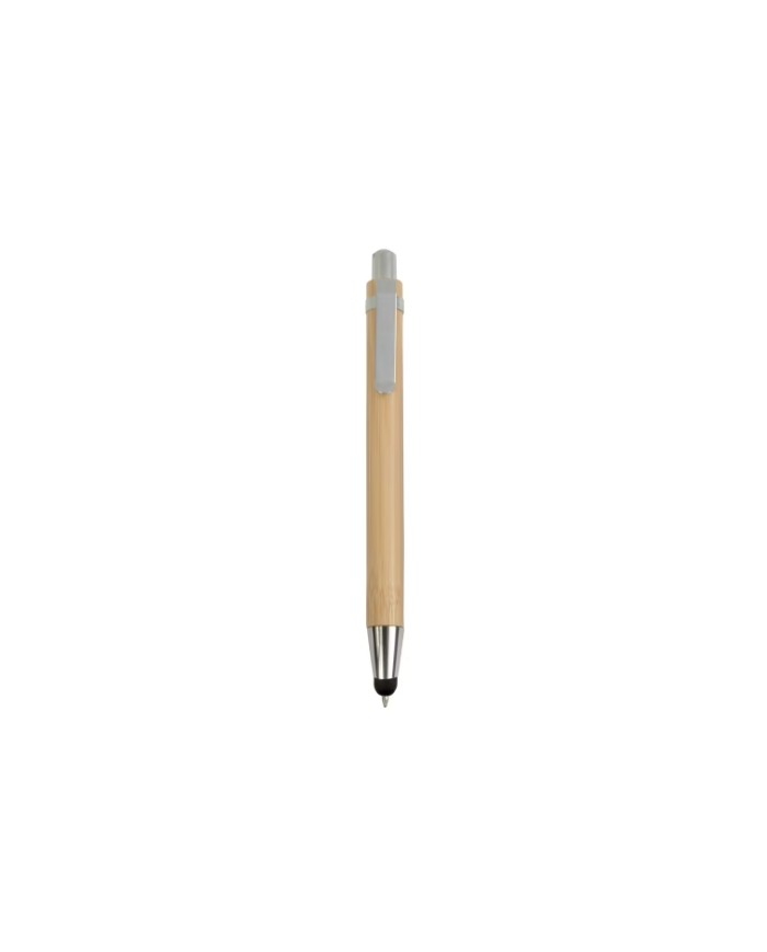 Penna a scatto in bambù con gommino per touch screen, clip in metallo e particolari cromati