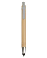 Penna a scatto in bambù con gommino per touch screen, clip in metallo e particolari cromati