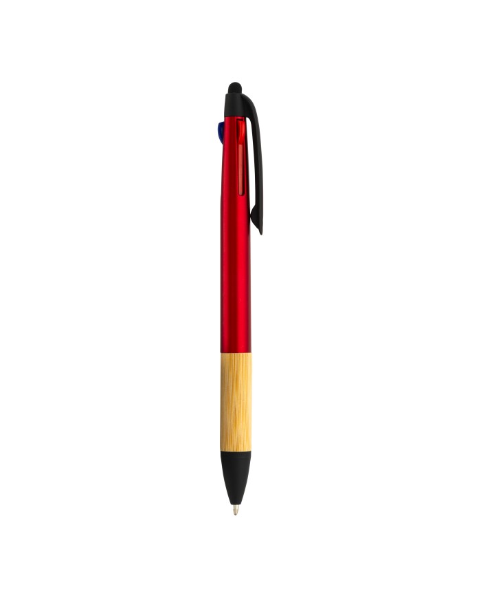 Penna a scatto in plastica con 3 refills, gommino touch, impugnatura in bambù