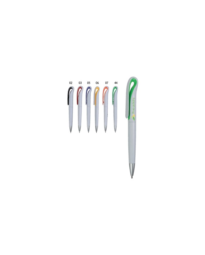 Penna a scatto in plastica con fusto bianco e clip curva con interno colorato, refill jumbo