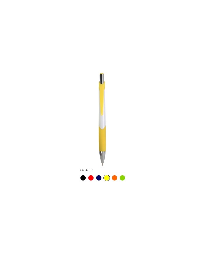 Penna a scatto in plastica con fusto bianco, impugatura gommata e colorata, punta e pulsante color cromato