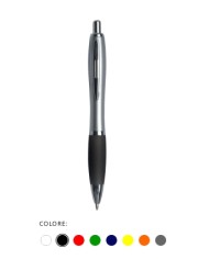 Penna a scatto in plastica, con fusto argentato, impugnatura colorata gommata e clip in metallo, refill jumbo
