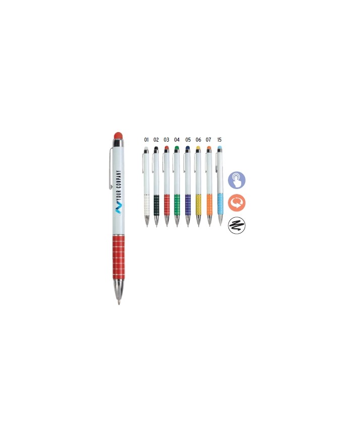 Penna twist con fusto bianco in plastica e impugnatura colorata in alluminio, colorata in tinta con il gommino per touch screen
