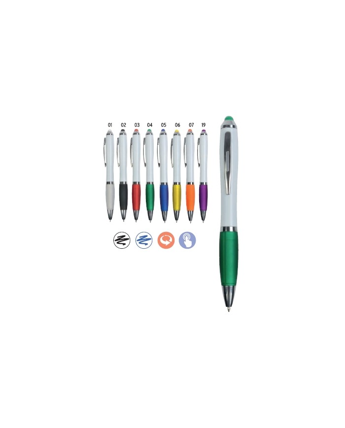 Penna twist in plastica con fusto bianco, impugnatura gommata colorata in tinta con il gommino per touch screen