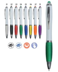 Penna twist in plastica con fusto bianco, impugnatura gommata colorata in tinta con il gommino per touch screen