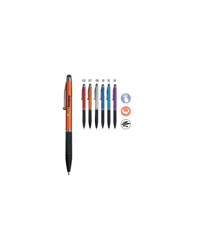 Penna twist in plastica, con impugnatura gommata e gommino per touch screen