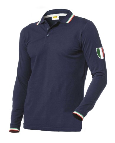 Polo manica lunga blu con bordi tricolore e stemma su spalla Taglie: S-3XL