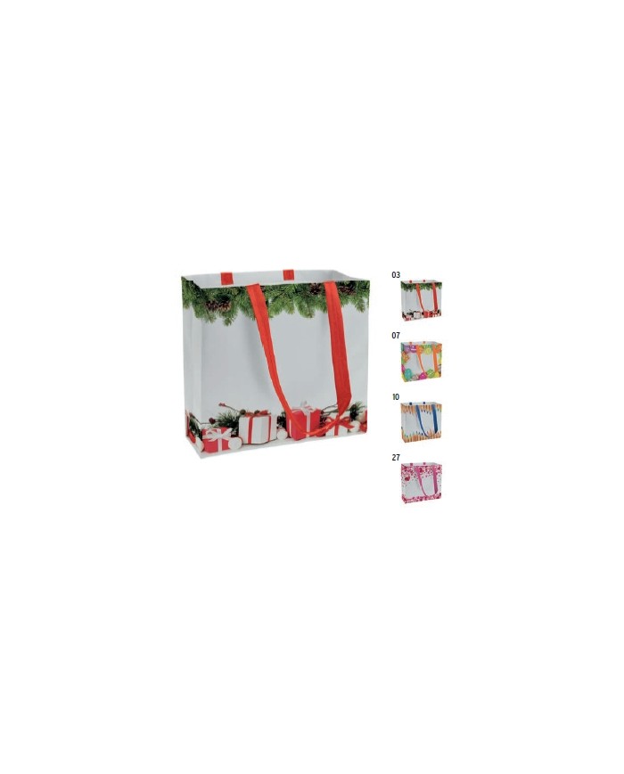 Shopper in TNT laminato con stampa a tema, manici lunghi e soffietto 40x35x12cm