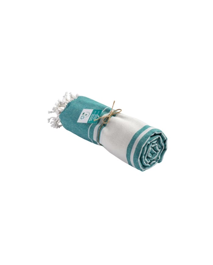 Telo mare/pareo in cotone riciclato 180 gr/m2 con frange, materiale 80% cotone riciclato e 20% poliestere riciclato