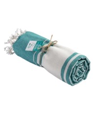 Telo mare/pareo in cotone riciclato 180 gr/m2 con frange, materiale 80% cotone riciclato e 20% poliestere riciclato