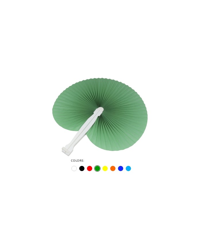 Ventaglio in carta colorata con manico in plastica bianca, lunghezza cm 26 ,diametro aperto cm 24