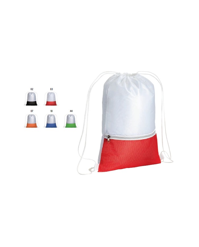 Zainetto in poliestere 210T con tasca zip colorata e chiusura a strozzo