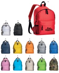 Zaino in poliestere 600D con 3 tasche, di cui una laterale retinata. Spallacci regolabili e schienale imbottito