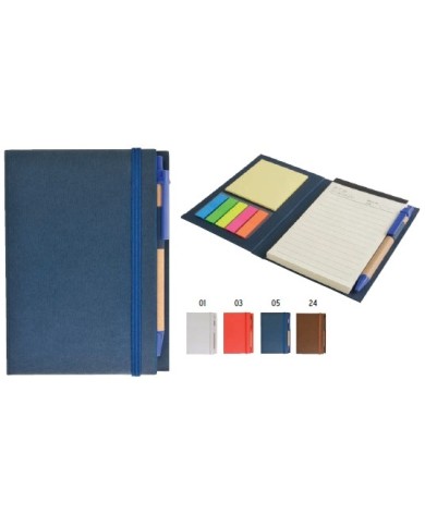 Block Notes in cartoncino con elastico colorato, penna, fogli a righe (70 pag.) e foglietti adesivi