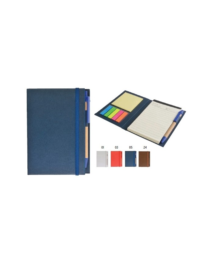 Block Notes in cartoncino con elastico colorato, penna, fogli a righe (70 pag.) e foglietti adesivi