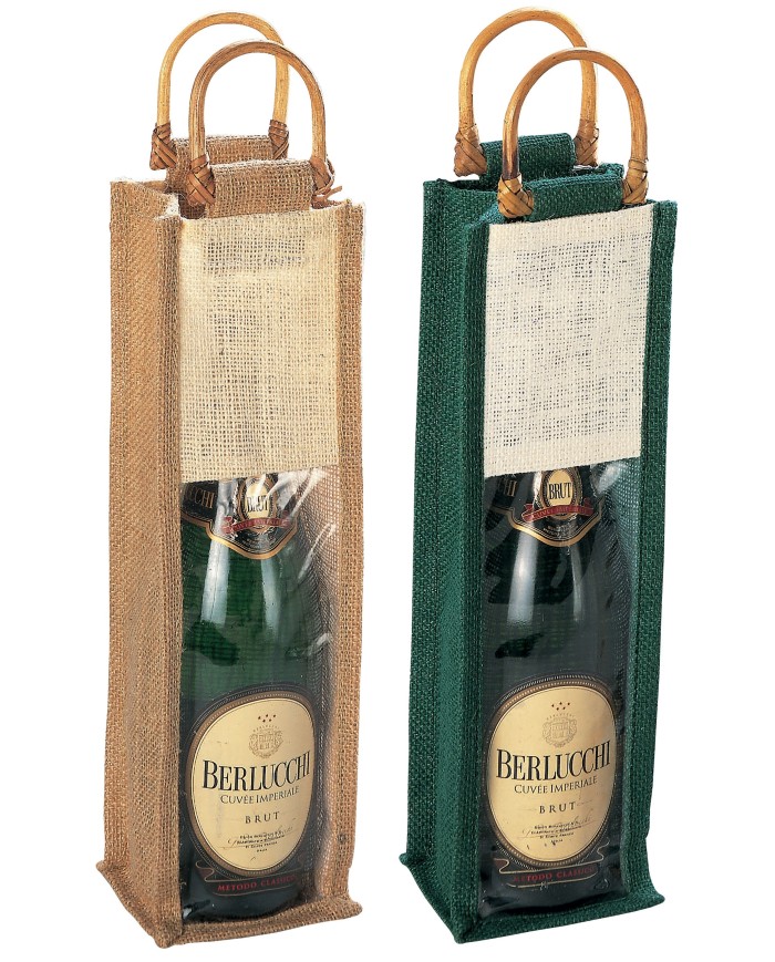 Borsa portabottiglia in juta con finestra in pvc trasparente e manici in bamboo (1 bottiglia)