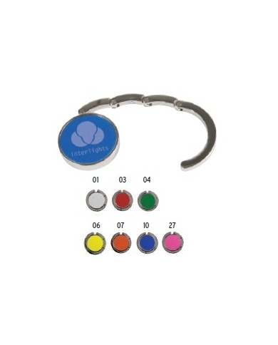 Gancio appendiborsa tondo in metallo, richiudibile con chiusura rafforzata da due magneti, confezionato in scatoletta nera