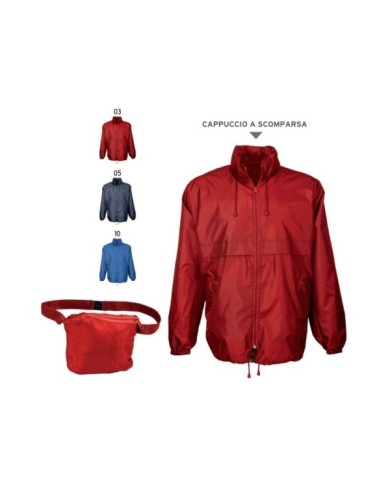 Giacca a vento in poliestere 190T con cappuccio a scomparsa con zip, 2 tasche frontali, richiudibile a marsupio Tg.M-L-XL