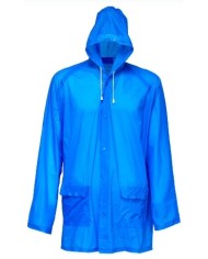 Impermeabile in PVC goffrato (200 gr.), con cappuccio e 2 tasche frontali, inserito in bustina. Taglia unica