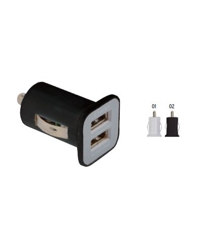 Micro caricabatterie USB da auto , con doppia porta USB . Input 12 V, Output una porta da 5V/1000 mA e una da 5V/2100 mA
