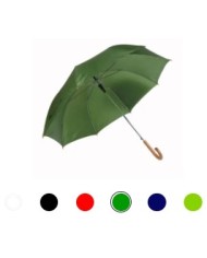 Ombrello automatico tinta unita, fusto e puntale in acciaio, manico curvo in legno