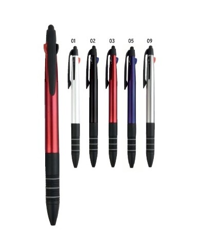 Penna a scatto in plastica con 3 refill dei colori blu, nero e rosso, con gommino per touch screen