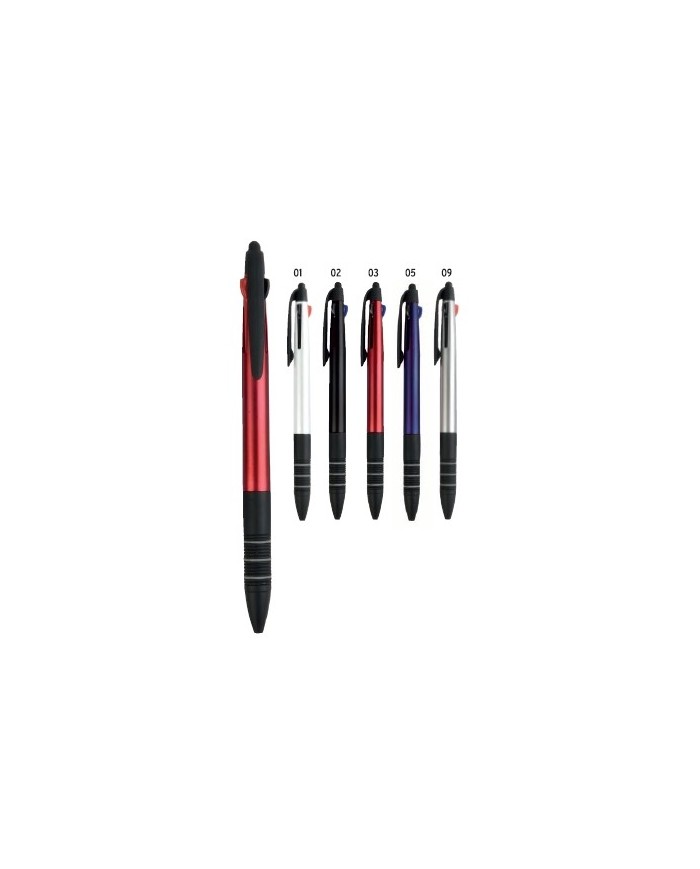Penna a scatto in plastica con 3 refill dei colori blu, nero e rosso, con gommino per touch screen