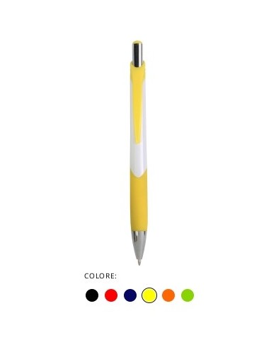 Penna a scatto in plastica con fusto bianco, impugatura gommata e colorata, punta e pulsante color cromato