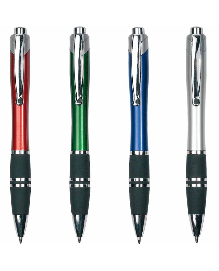 Penna a scatto in plastica con fusto colorato, impugnatura gommata e clip in metallo. Refill Jumbo --Fine serie--