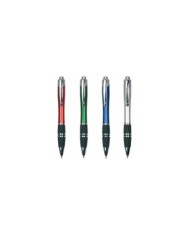 Penna a scatto in plastica con fusto colorato, impugnatura gommata e clip in metallo. Refill Jumbo --Fine serie--