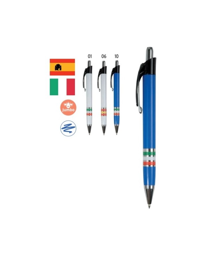 Penna a scatto in plastica con impugnatura tricolore (Italia, Spagna), refill jumbo