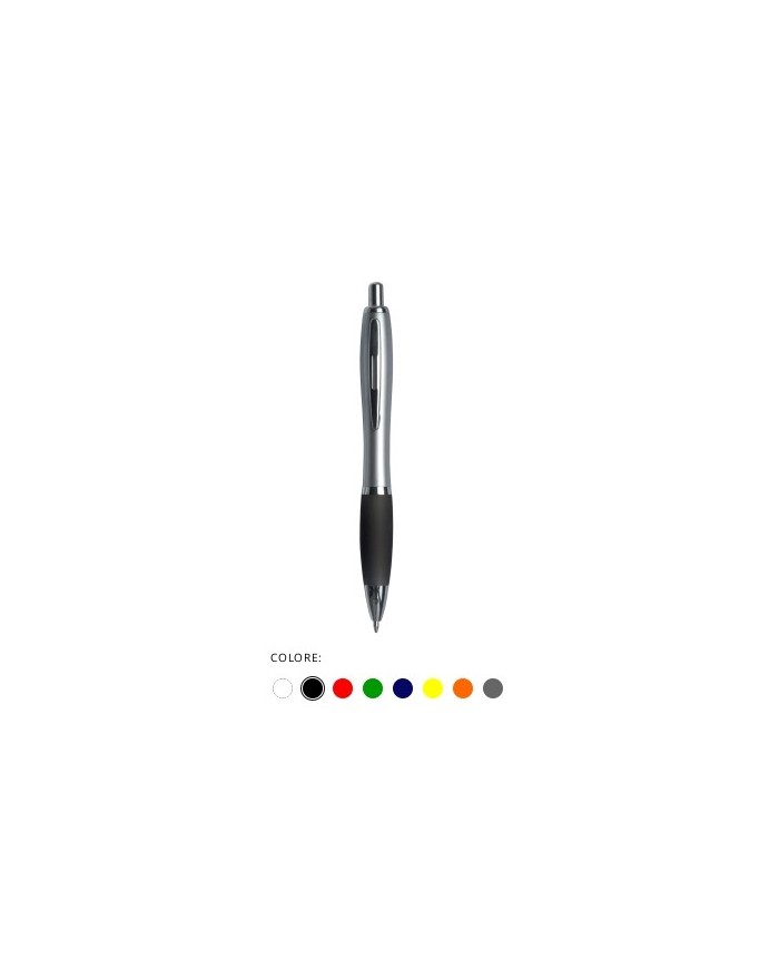 Penna a scatto in plastica, con fusto argentato, impugnatura colorata gommata e clip in metallo, refill jumbo