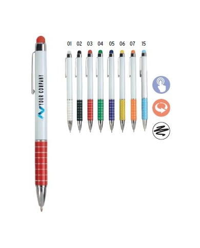 Penna twist con fusto bianco in plastica e impugnatura colorata in alluminio, colorata in tinta con il gommino per touch screen