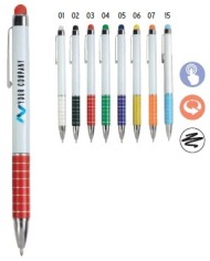 Penna twist con fusto bianco in plastica e impugnatura colorata in alluminio, colorata in tinta con il gommino per touch screen