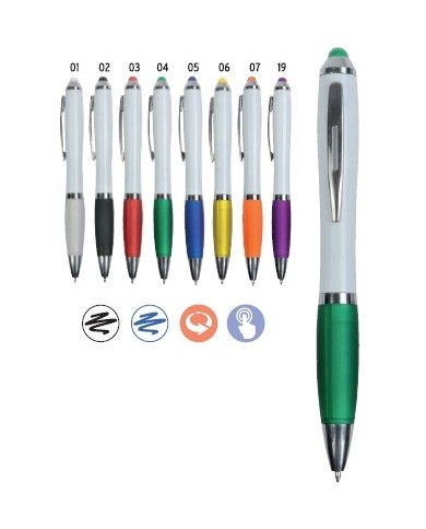 Penna twist in plastica con fusto bianco, impugnatura gommata colorata in tinta con il gommino per touch screen