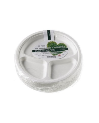 Piatto rotondo in polpa di cellulosa compostabile 3 scomparti Ø26cm 50pz