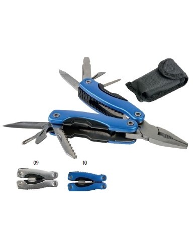 Pinza Multiuso in metallo con pinze, tagliafilo, cacciavite, lima, coltello, levacapsule, seghetto, apriscatole e apribottiglie.