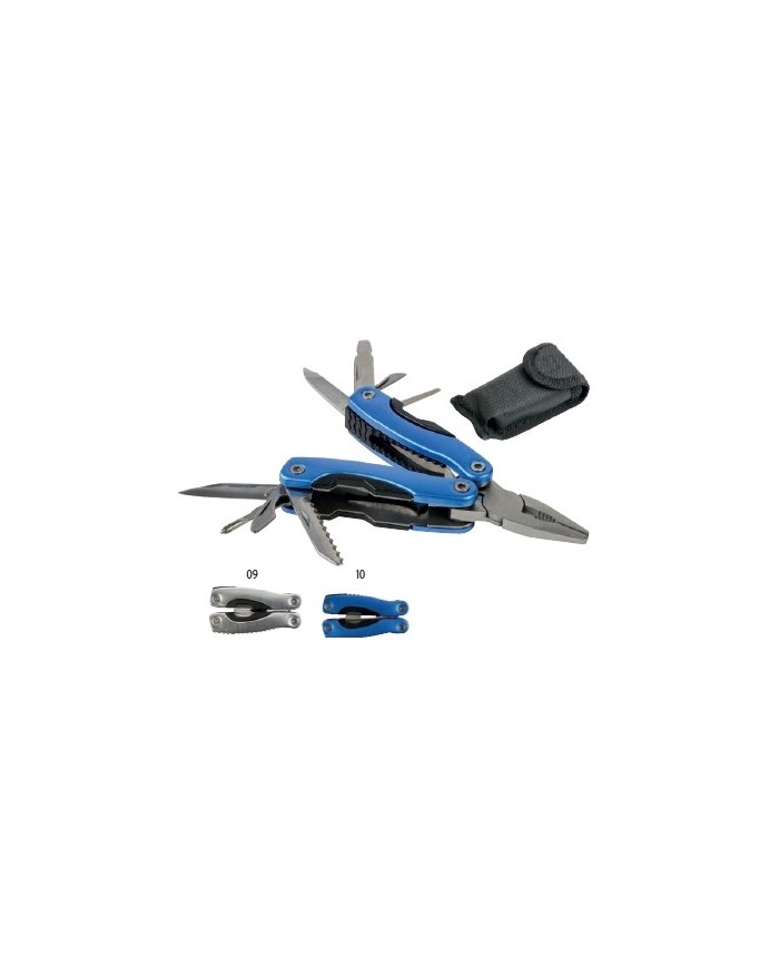 Pinza Multiuso in metallo con pinze, tagliafilo, cacciavite, lima, coltello, levacapsule, seghetto, apriscatole e apribottiglie.