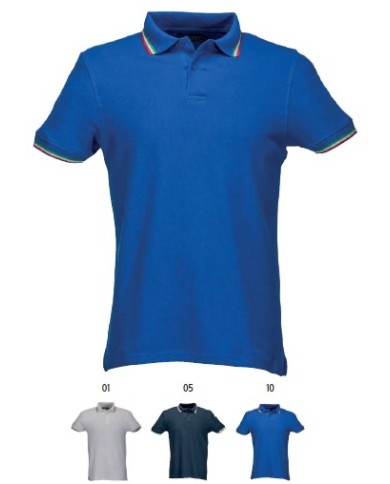 Polo piqué di cotone 100% 180 g/m2, manica corta, bordi in tricolore e chiusura con 2 bottoni TG.S-XXL