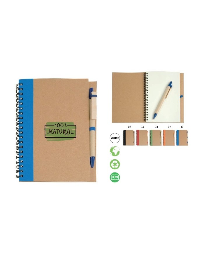 Quaderno ad anelli in carta riciclata con penna in cartone (70 pg.)