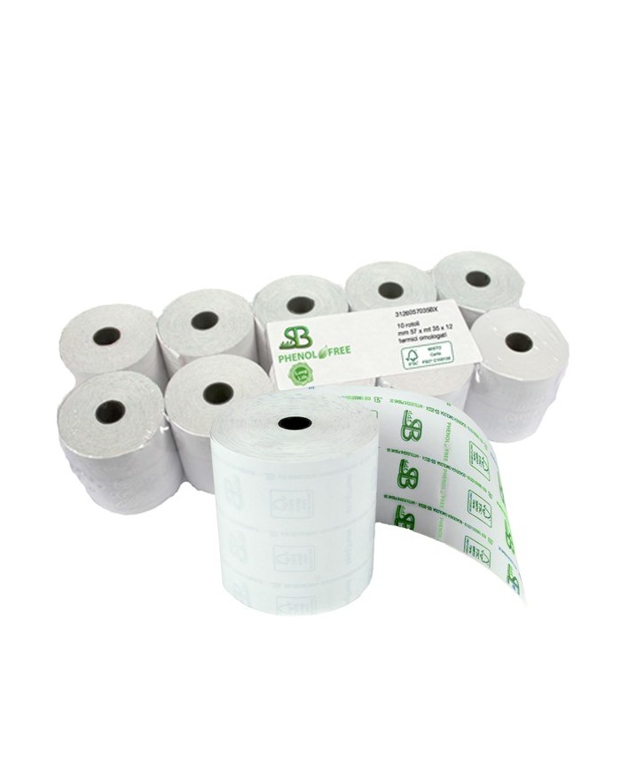 Rotolo per registratore cassa lunga durata 57,5mmx30m (esterno 50mm anima 12mm) 55gr carta termica Sabacart blister 10 pezzi