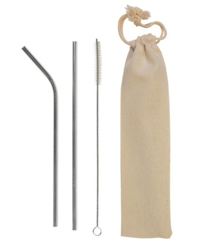 Set con due cannucce in acciaio inossidabile e unoscovolino per la pulizia, bustina in cotone