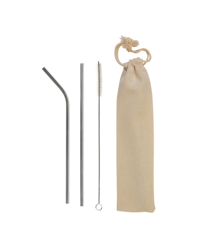Set con due cannucce in acciaio inossidabile e unoscovolino per la pulizia, bustina in cotone