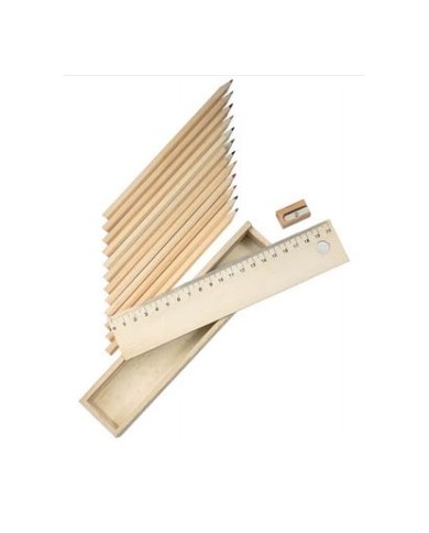 Set di 12 matite in legno con righello e temperino, in scatola di legno