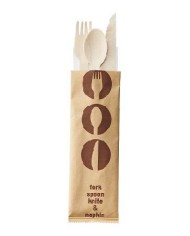 Set di posate in legno imbustate singolarmente in carta havana forchetta + coltello + cucchiaio + tovagliolo 16cm 48pz