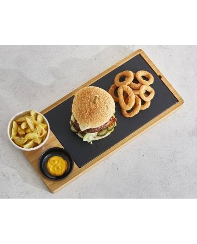 Set per hamburger composto ciotolina nera, ciotola in melamina, tagliere nero in melamina, base in bamboo